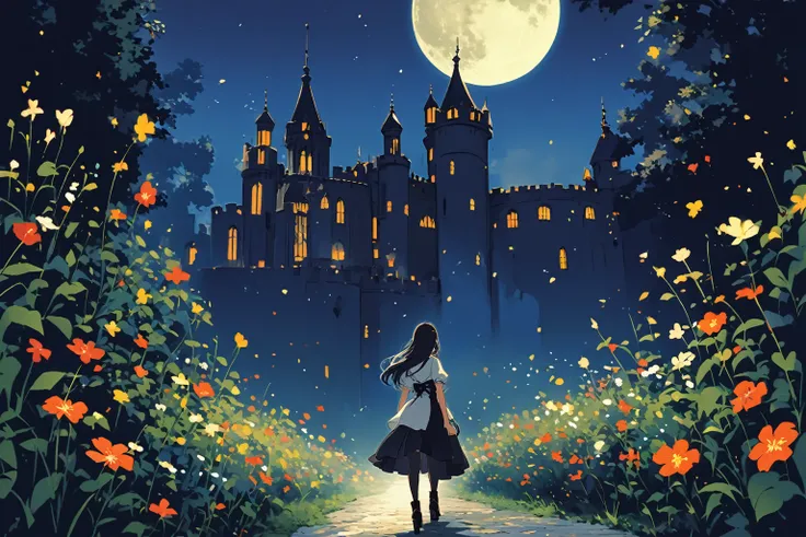 A dark-haired girl walking through a castle garden on a full moon night