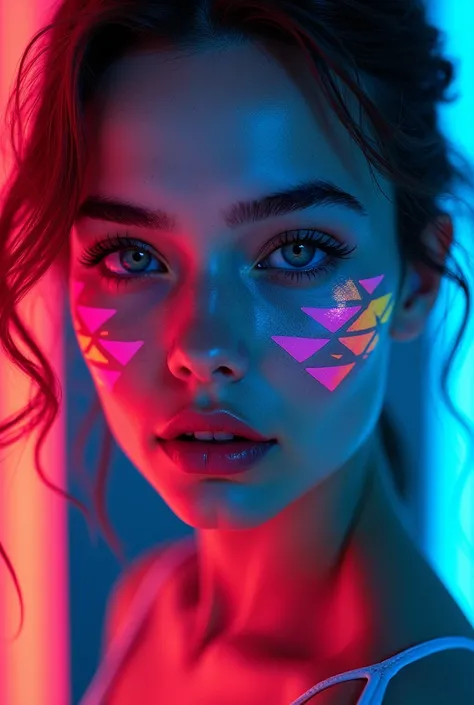 Woman&#39;s face painted in neon colors.