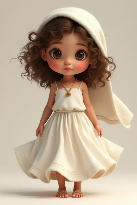  three years old brunette curly hair with a white skirt and a strapless blouse and a cloth on her head