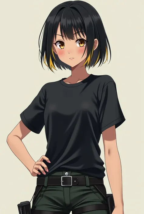 anime format: A girl with short shoulder-length hair with two blonde strands in front and the rest of her hair is black., light brown eyes and a serious expression. His clothes are a black t-shirt and military pants and black boots..