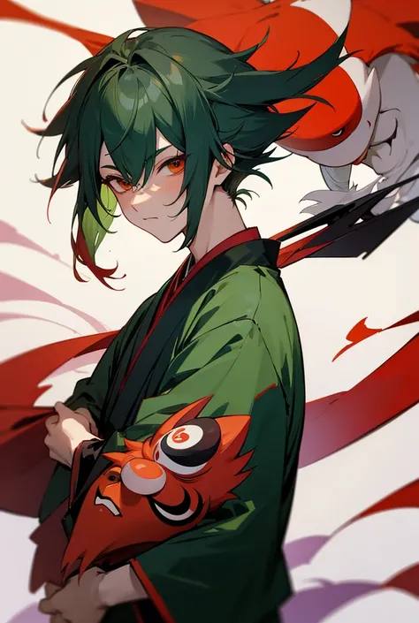 1 boy, hair green, side bangs, shorth hair, Tengu Mask, anime styling, 