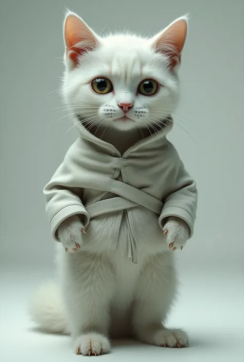 A white and gray cat with a human body wearing a straitjacket tied up