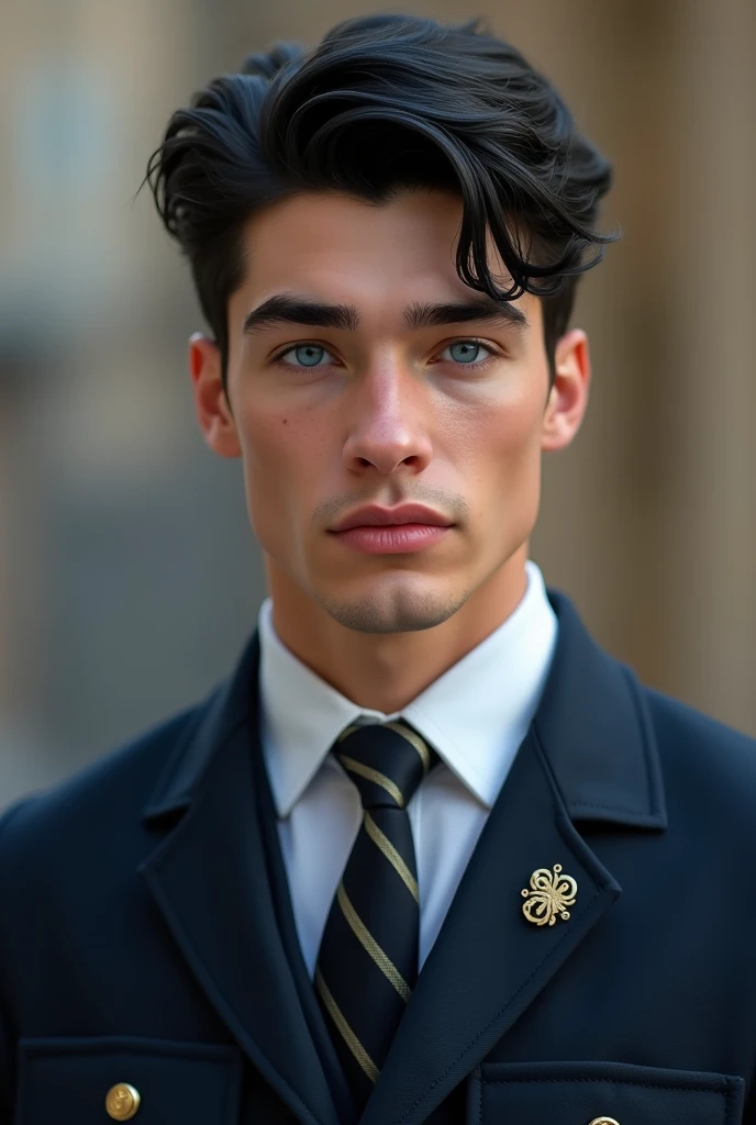 young guy, attractive, black hair, blue eyes s, who appears to be about 20 years old with European features, with European Academy uniform, More realistic image 