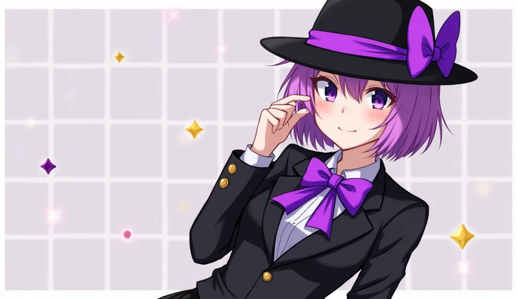 1girl, solo, black hat with purple stripe, black suit, black skirt, bow on hat, bow tie, purple short hair, purple eyes,