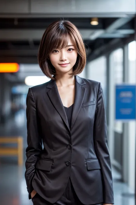 Tabletop, Highest quality, Realistic, Very detailed, finely, High resolution, 8k wallpaper, Cinema Lighting、1 person、Beautiful Japanese Woman、30 years old、light brown straight bob hair, Wear a business suit, (Blurred Background、Station platform、noon、Light ...