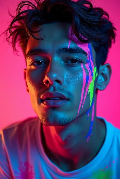 Young man&#39;s face with neon colored paint on his face.