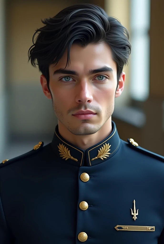 young guy, attractive, black hair, blue eyes s, who appears to be about 1 with European features, with European Academy uniform, More realistic image 