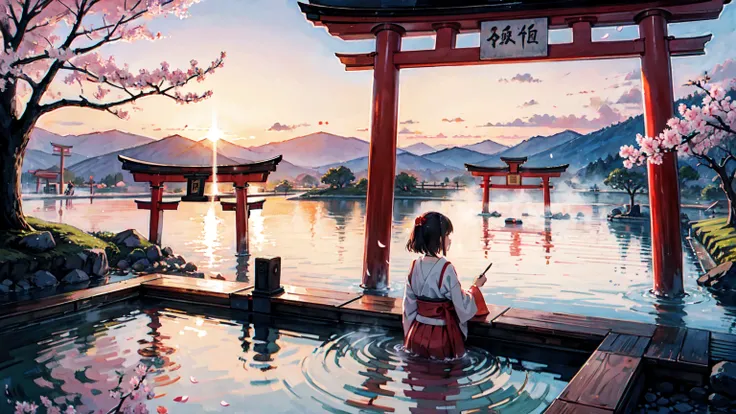 Girls in hot spring, nostalgic, beautiful painting, sunset, hot spring, torii gate, cherry blossoms