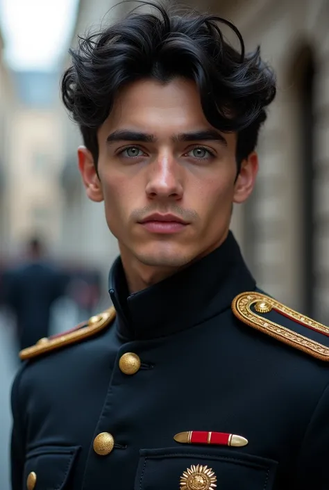 young guy, attractive, black hair, blue eyes s, who appears to be about 1 with European features, with European Academy uniform, More realistic image 