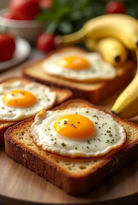 Toasts with fried egg accompanied by a banana
