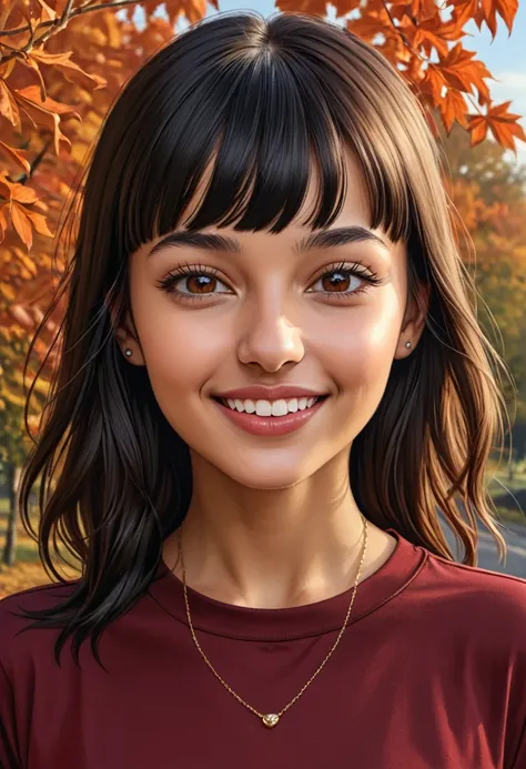 Nice full portrait of a pale Stunning 2 model mixed race indoeuropean american native using orthodontic appliance, with a ((dark red)) plain cut out front top tee, and a ((very short)) straight black hair with full bangs falling on her forehead, neat hair ...