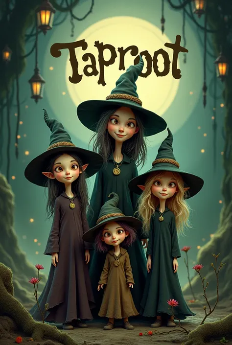 A family of animated witches, the picture should look magical and have a background saying "taproot", let it look unique and Worth having, picture should be 1:1, should look more scary 