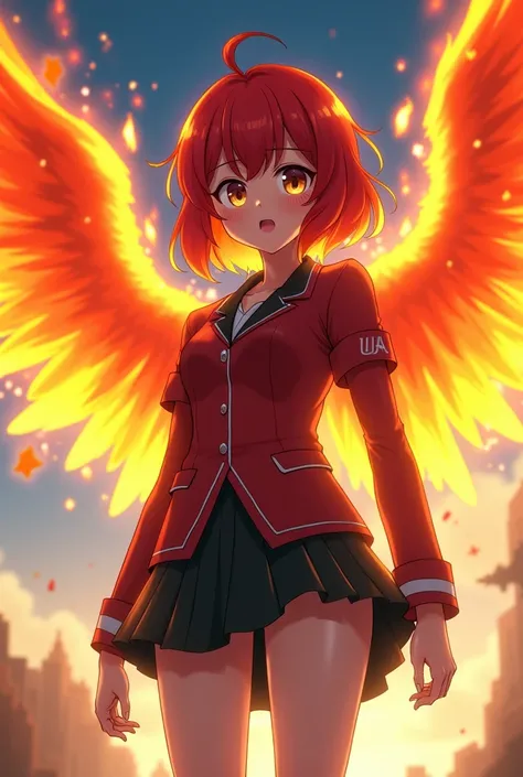 My hero academia style girl with the UA school uniform, medium red hair ,brown eyes, pale white skin and fire wings on her back