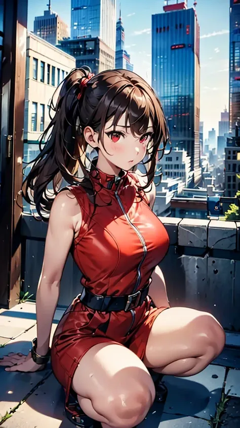 (masterpiece, best quality), intricate details, 8k, artstation, wallpaper, official art, splash art, sharp focus,, 1girl, long hair, twin tails, red eyes, brown hair, ,red jsuper jumpsuit  , skyscrapers, city, buildings, cars, street, kneeling