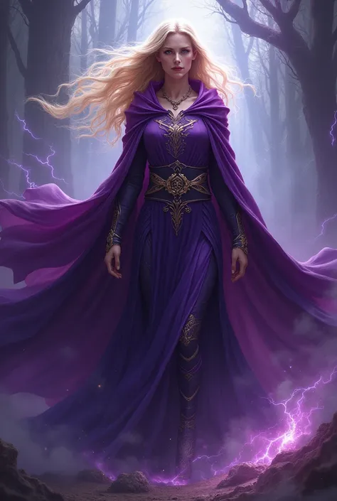 A powerful blonde sorceress wearing a purple cloak and full of power 