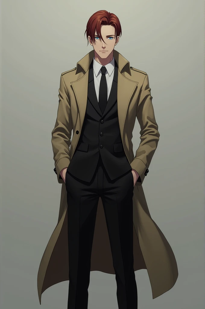 I want you to make a very realistic male anime character, with black suit and beige trench coat, dark reddish brown hair color, medium long hair and combed, very dull crystal blue eye color, standing facing forward and looking straight ahead, must have a c...