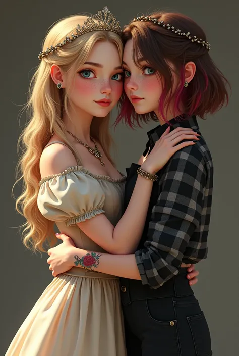 Two teenage girls one is an old-fashioned princess blonde long curls ,Helle/Pastel Dresses,light freckles,blue eyes and the other girl modern brown hair goes to the shoulders butterfly/wolfcut haircut red color in hair,green brown eyes,rose vine tattoo on ...