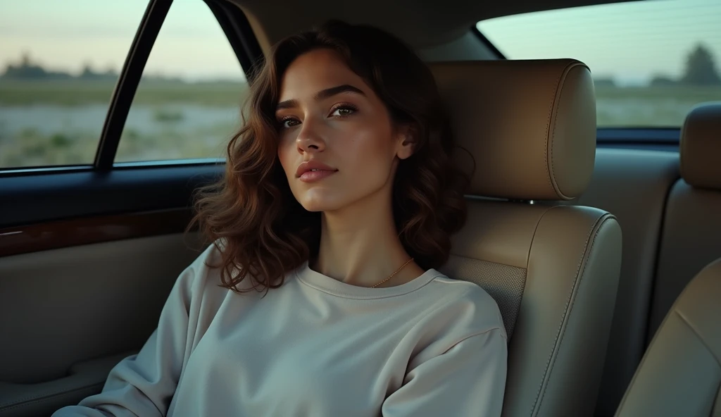 medium shot of full body of a normal woman with curly hair laying in a car seat