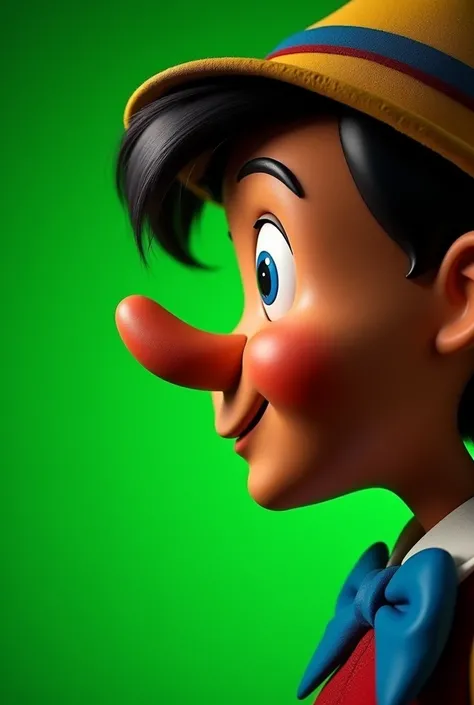 only Pinocchio&#39;s face from the side with a green screen background