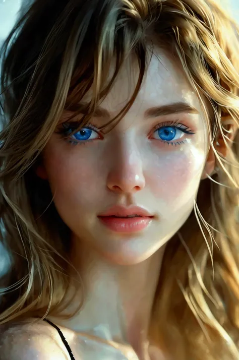 8K, Top Quality, Intricate Details, Ultra Detail, Ultra High Resolution, Masterpiece, random angle,  Slender, Smile, (Makeup: 0.4), (Fluffy Blue Eyes: 1.21), blue Eyes, looking at viewer, ((full body)), 1girl, solo, 1 girl, (( full body)), close up shot, s...