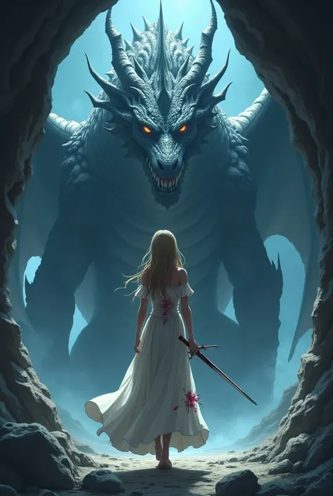 An injured anime princess with torn clothes, holding an epée, coming out of a cave with the dragon staring at her 