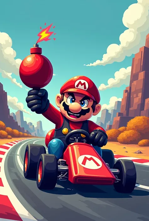 An 8-bit video game boss in a car with a bomb in his hand (like Mario kart)