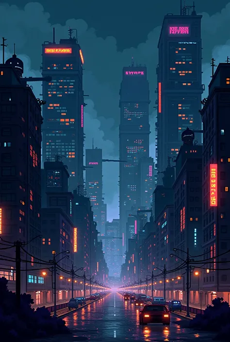 create a lying image of a city at night cyberpunk pixel fight with only buildings in the background