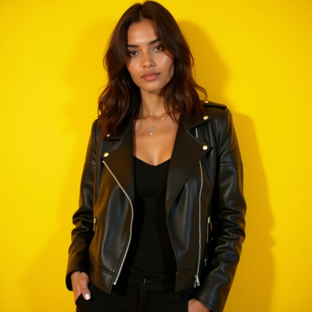 Minimalist fashion photoshoot of a hispanic female model wearing a black leather jacket with a yellow background, clean look, magazine cover aesthetic, editorial photography, professional color grading, soft shadows with low contrast, film grain, and a nos...