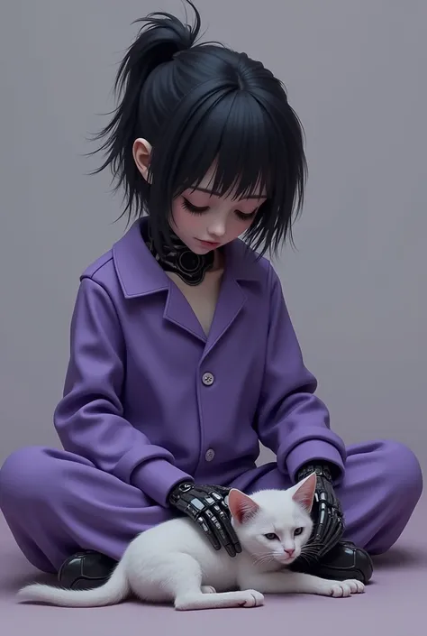 A purple pajama on top of a black haired robot girl crying over her sick cat