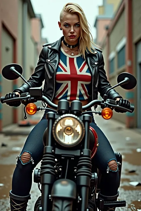 Tall, muscular woman. Muscles are toned. She has blonde hair, bright blue eyes, slightly thick eyebrows, half of her head is shaved,  thin scars of face and arms, shes sitting on a Harley motorcycle, shes wearing biker clothes, a leather jacket with a t-sh...