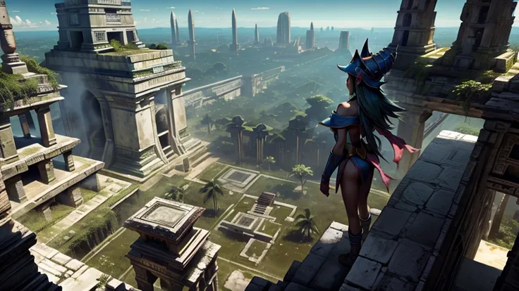 Dark magician in a Mayan ruins. She flies over them. She is in Los Aires and sees some Mayan ruins. 