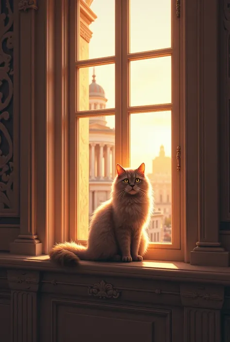 Create a wallpaper of a cat in the window of a building 