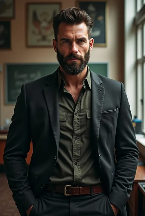 A tall man, with beard, muscular, Physics teacher and very handsome 