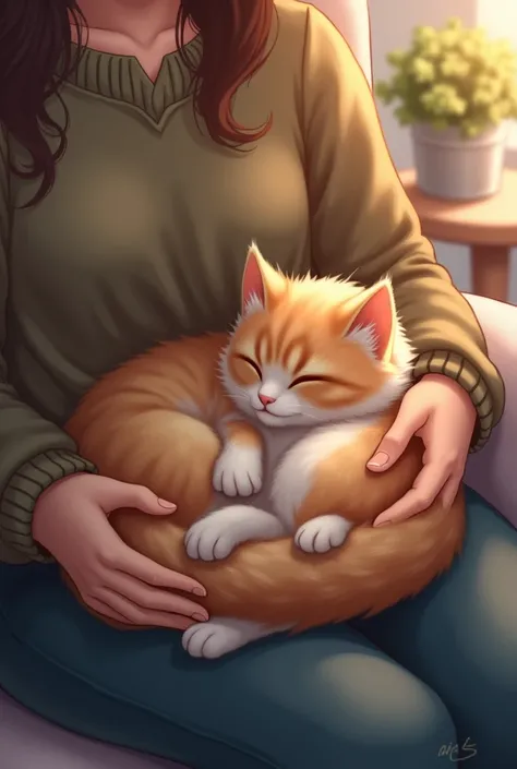 Create a wallpaper of a cat cyaming on its owner&#39;s lap while sleeping