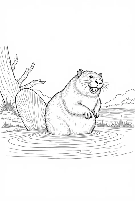 line drawing, coloring book, beaver in a pond showing their teeth and tail, cut tree by beaver in the background, beaver dam in the distance, realistic showing their teeth