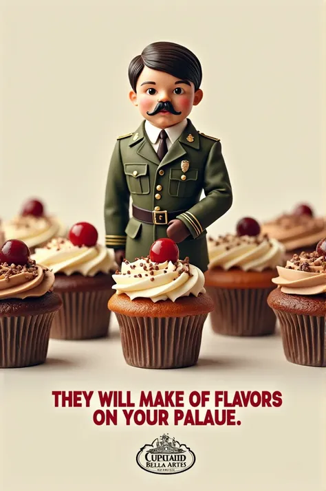 Create a Cupcakes advertising poster but the main one dressed as Hitler and the other cupcakes as little soldiers, the slogan that says:" They will make a war of flavors on your palate.", and the title: Cupcakes Bellas Artes 