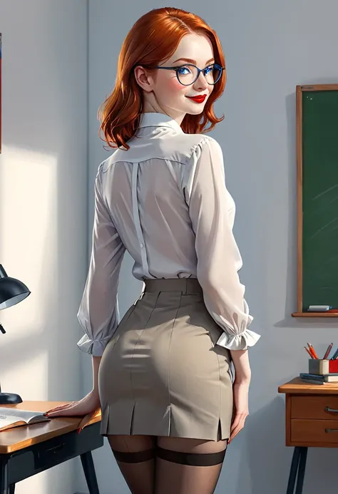 (back view, whole body:1.4),((Ultra Realistic Illustration:1.3)), high, slim ((redhead:1.2)) woman of Russian origin. teacher. (pale:1.3)complexion. Blue eyes, Cute butt, cool legs. kind eyes, Cute (smile). Glasses, Red lipstick, a white blouse, short gray...