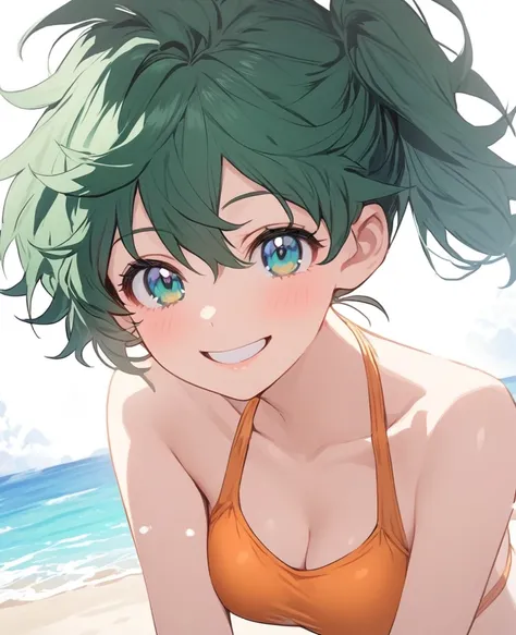 Izuku midoriya female version with wild short green hair, with a black and orange swimsuit on a beach background smiling