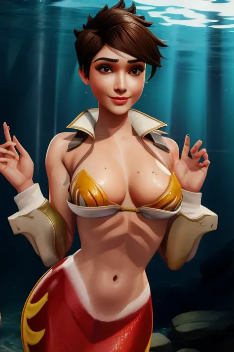 Tracer , brown hair, short hair, brown iris, detailed eyes, makeup, lipstick, swimming underwater, upper body, seductive smile, lower mermaid body, (insanely detailed, beautiful detailed face, masterpiece, best quality) , solo, theme: Siren, マーメイド, fish mi...