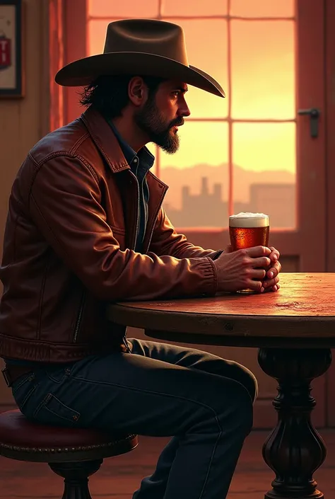 Cowboy sitting alone with his hat on an old poker table and a beer in hand while facing and pointing towards the distance with his back towards me and red and brown being base colors