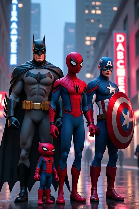 An image where Batman Spider-Man Captain America Miles Morales appears animated like in the movies