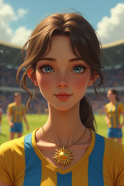 Creates a cheerleader captain of the Uruguayan soccer team in 1950 aged 15 called Sol de piel pale,Light brown hair,Dark blue eyes with golden irises in the shape of stars and a necklace with a sun pendant