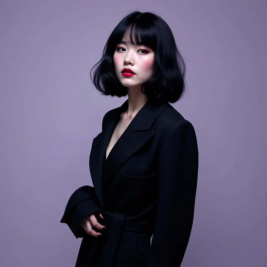 Minimalist fashion photoshoot of a white female model with black hair wearing a stage costume with a purple-grey background, clean look, magazine cover aesthetic, editorial photography, professional color grading, soft shadows with low contrast, film grain...