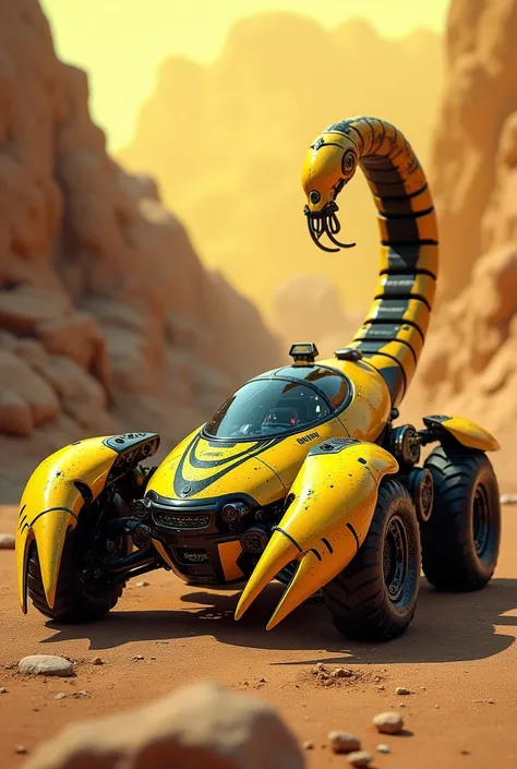  "A bright yellow vehicle inspired by the form of a scorpion. The vehicle should have a vibrant exoskeleton with black accents, mimicking the patterns of a real scorpion. Its body is sleek and segmented, with large, menacing claws at the front that functio...