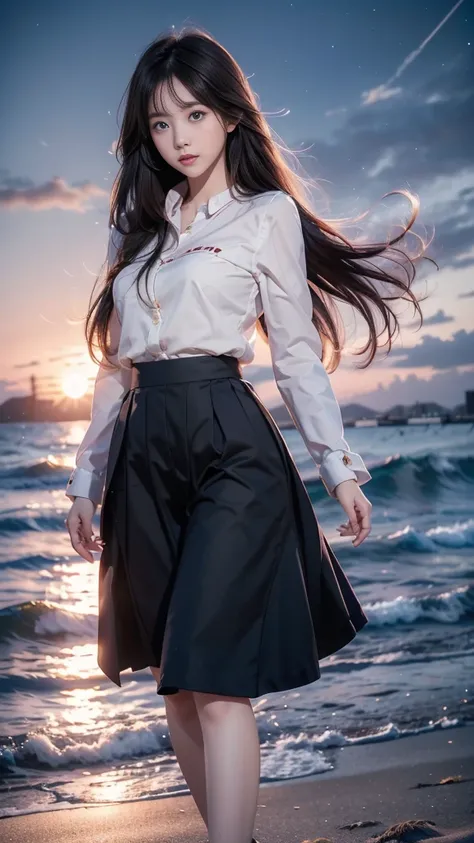 ulzzang-6500-v1.1, (RAW photo: 1.2), (Real photo), (Real photo: 1.4), 1 girl、Perfect anatomy、1、Looking at the camera、Medium length hair、hair flying in the wind, skirt, walking on the beach at night, with stars, ((beach at night: 1.1))、(Business service)、As...