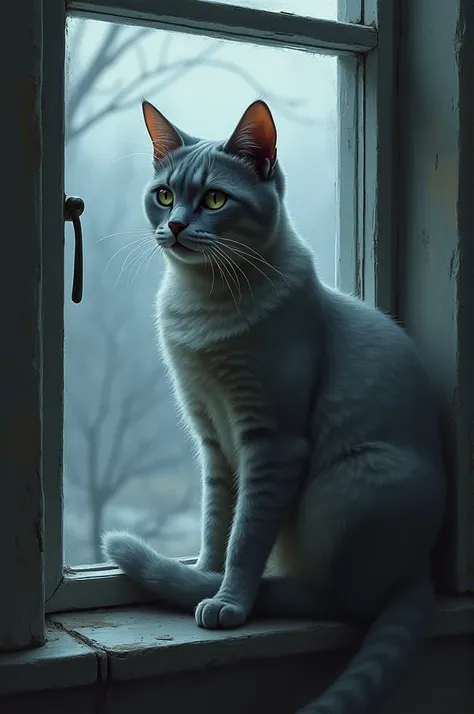 Drawing of a sad lead-colored cat drawing next to a window