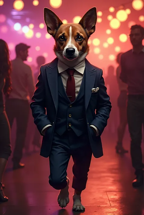 Dog in modest western dance suit walking in realistic nightclub