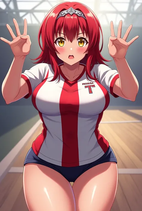 ((master part)), ((best qualityer)), ((highres)), ((extremely detailed CG unit 8k wallpaper)), nino nakano de 5-toubun no hanayome, (shoulder length short red hair with headpiece), shining yellow eyes, serious and seductive look, (wearing a karusuno volley...