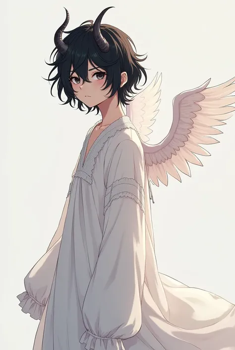 Teenage male with shoulder length wavy hair with big black eyes wearing a white nightgown down to his ankles, with horns and small wings, anime