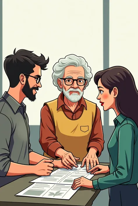 Image of two men, one with glasses and the other as a worker, an environmentalist woman and finally a grandmother, The 4 of us gathered together working on a plan to improve the city. Animated image for a comic and easy to draw. That image is perfect, I ju...